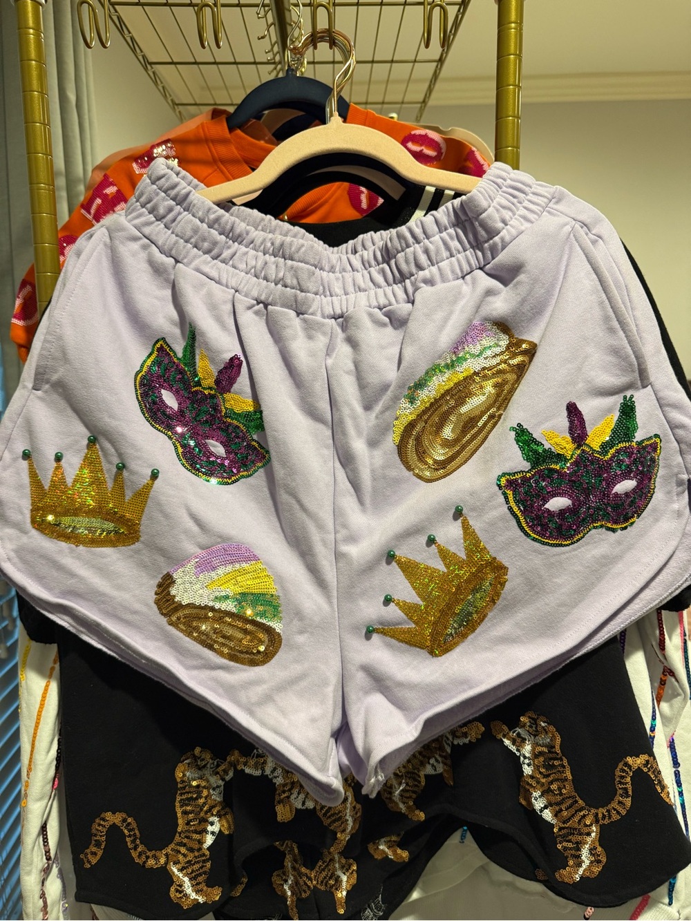 QUEEN OF SPARKLES Lilac High-Waist Sequin Mardi Gras Mask & Crown Shorts